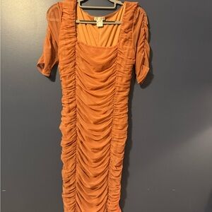 VENUS Orange Ruched Sheath Midi Dress